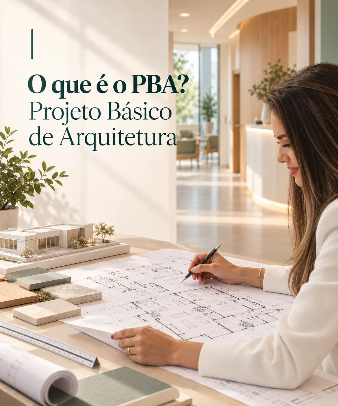 Arquiteta desenhando a planta de um estabelecimento de saúde, ao lado de uma maquete